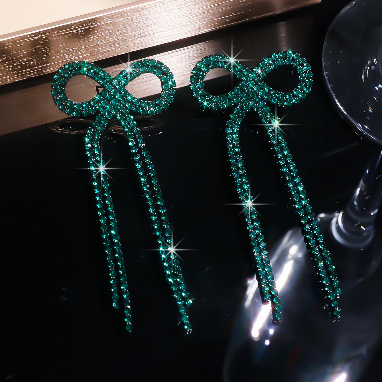 Explosive Bow Long Tassel Earrings Women's Personality Rhinestone