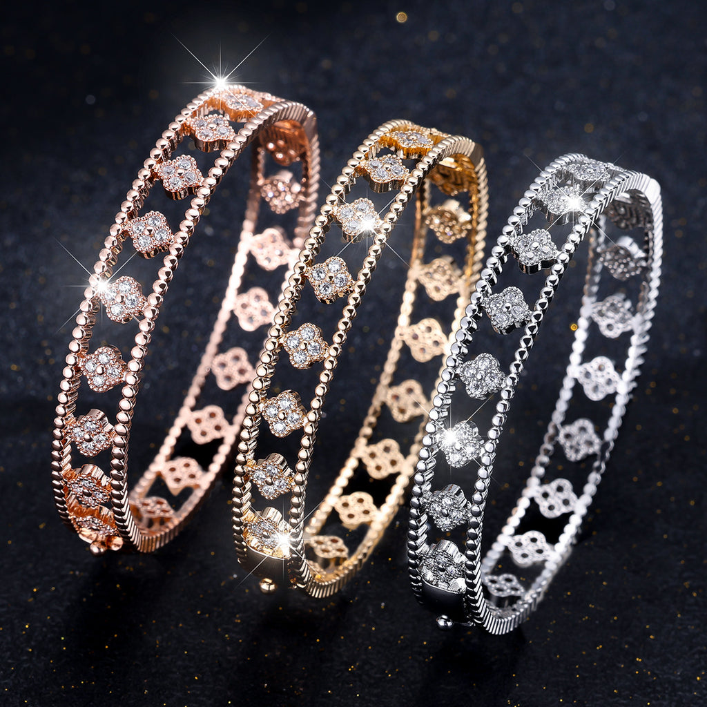 Classic Hollow Four-Leaf Clover Bracelet for Women with Open Clasp and Micro-Inlaid Zircon, a Popular Cross-Border Jewelry Item