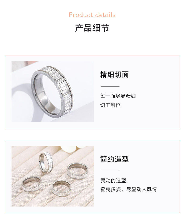 Cross-border plain ring stainless steel ring rectangular zircon ring titanium steel diamond lovers ring jewelry wholesale