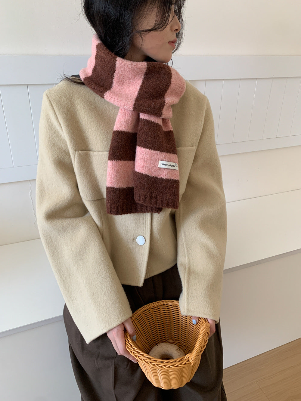 Korean Style New Style Striped Wool Knitted Scarf Women's Winter Warm Thick High-end All-match Scarf Light Luxury