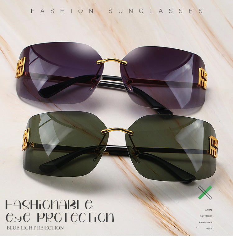 European and American New Fashion Black Sunglasses Frameless Retro Ins Internet Celebrity Same Style Women's Metal Sunglasses Cross Border