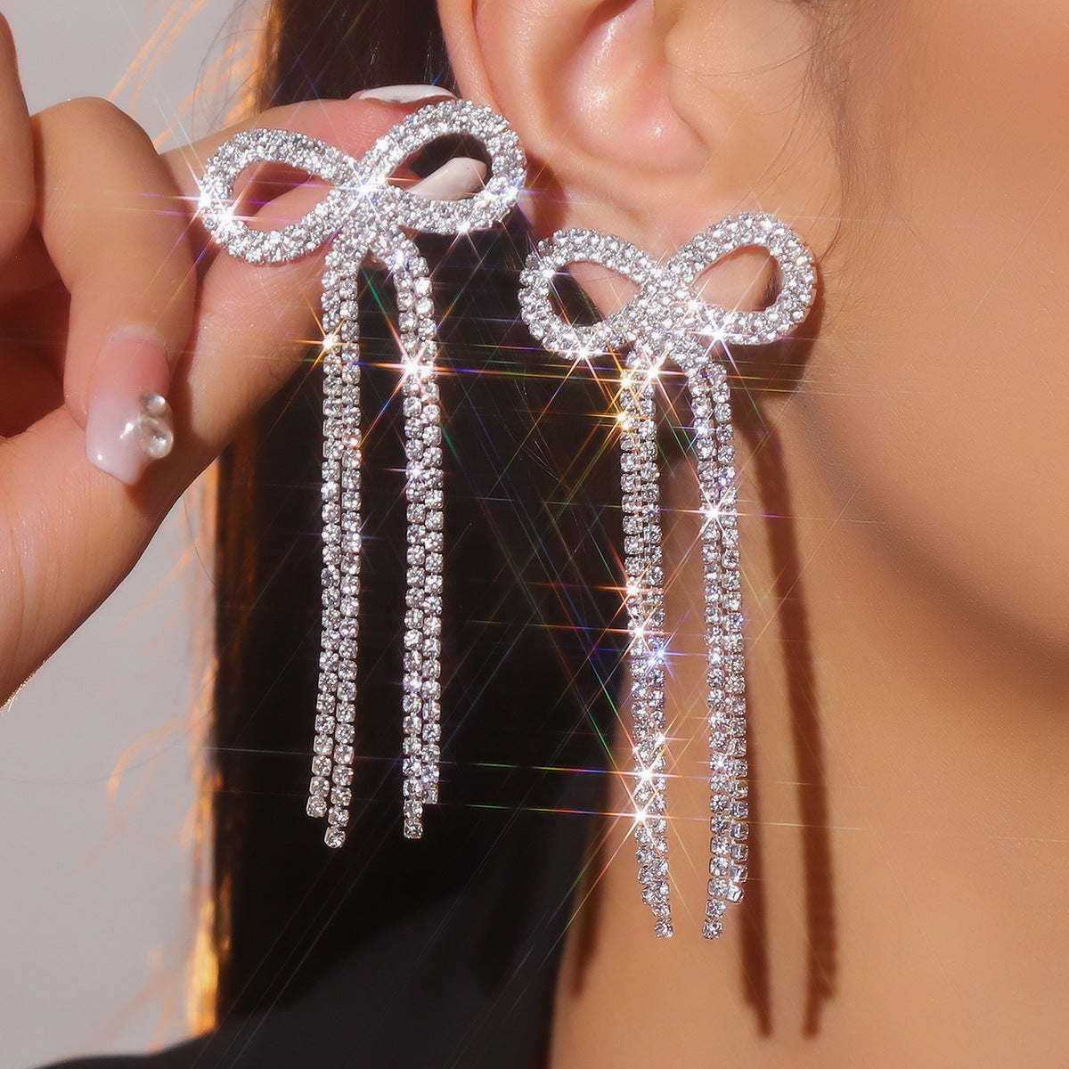 Shein Explosive Bow Long Tassel Earrings Women's Personality Super Flash Rhinestone Bride Wedding All-match Ear Jewelry