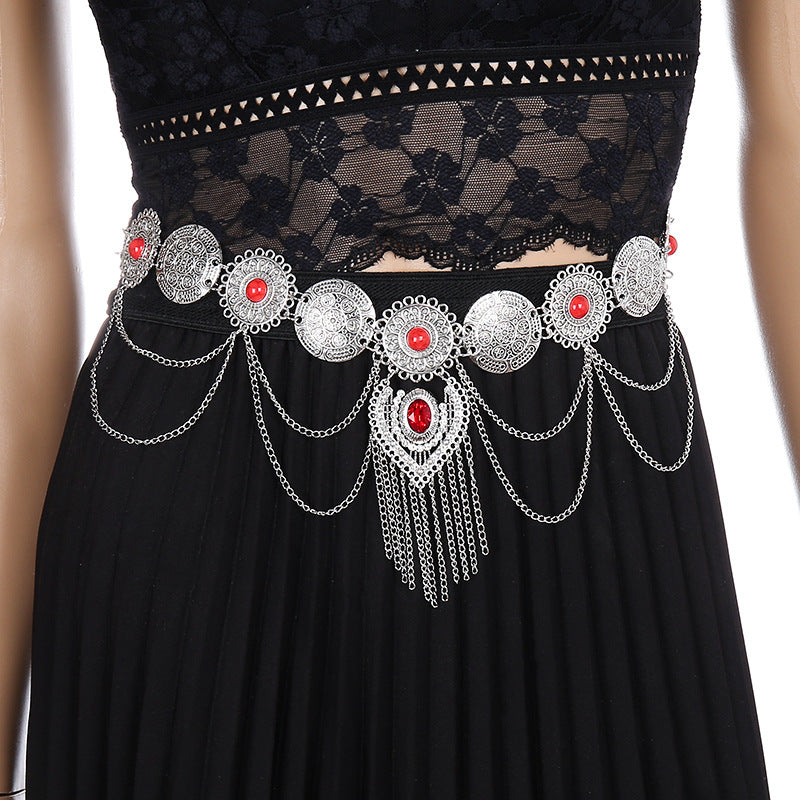 European and American Sexy Waist Decoration Ethnic Style Inlaid Turquoise Pendant Waist Chain Bohemian Alloy Coin Tassel Body Chain
