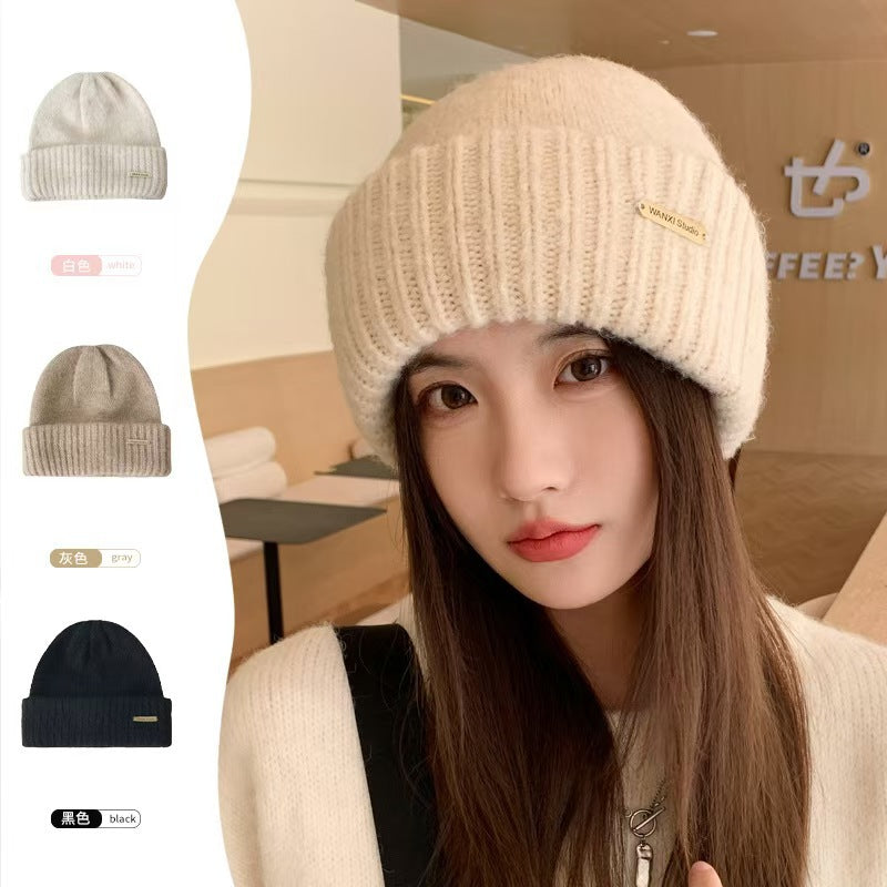 Hat Women's Autumn and Winter Warm Explosive Ear Protection Face Small Knitted Hat Windproof Moon Hat Wool Big Head Heap