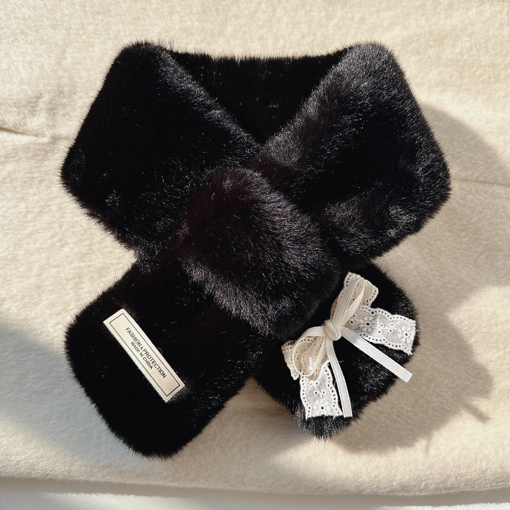 Sweet and Cute Double-layer Bow Fur Collar Scarf Women's Thickened Winter Windproof and Cold Wool Scarf Cross for Students