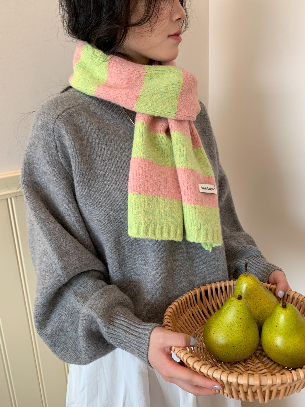 Korean Style New Style Striped Wool Knitted Scarf Women's Winter Warm Thick High-end All-match Scarf Light Luxury