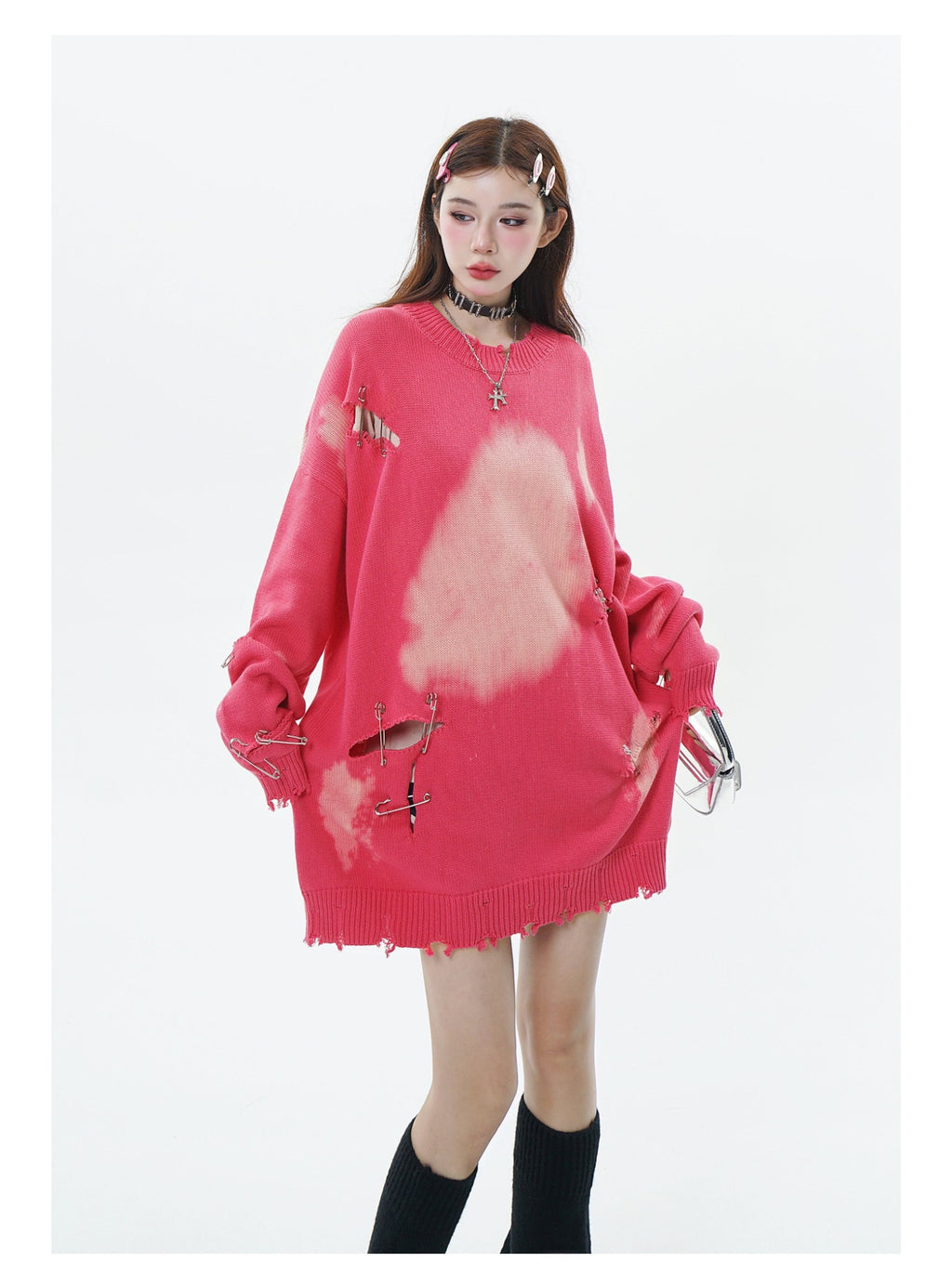 TIDE CARD LOG | Autumn and winter high street fashionable design faded pin ripped couple round neck loose sweater