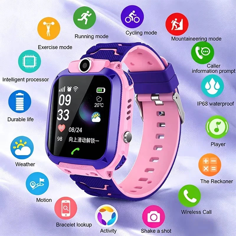 Smart Watch for Kids with SOS Antilost GPS Location Camera Sim Card Call Function Waterproof Suitable for Android iOS New
