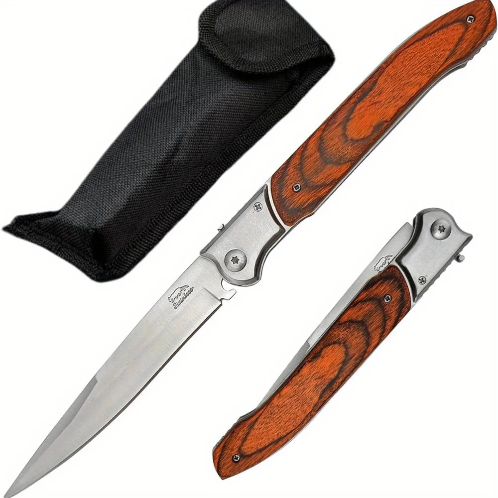 12" Large Folding Pocket Knife, EDC Knife, Stainless Steel Blade and Wooden Handle Folding Knife for Men Outdoor Camping Hunting
