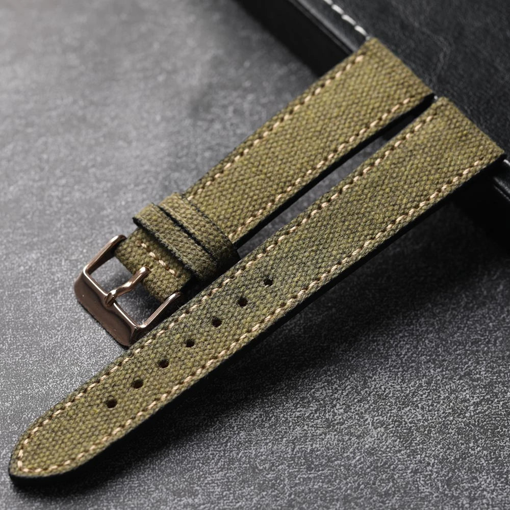 Handmade Canvas Lamination Leather Strap 18 19 20 21 22MM Black Green Vintage Men's Antique Watch Bracelet