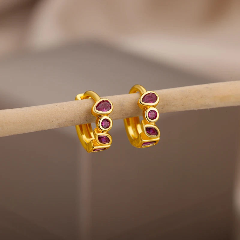 Mini Small Green Zircon Waterdrop Hoop Earrings for Women Gold Plated Stainless Steel Earrings Aesthetic Jewelry Wedding Gift