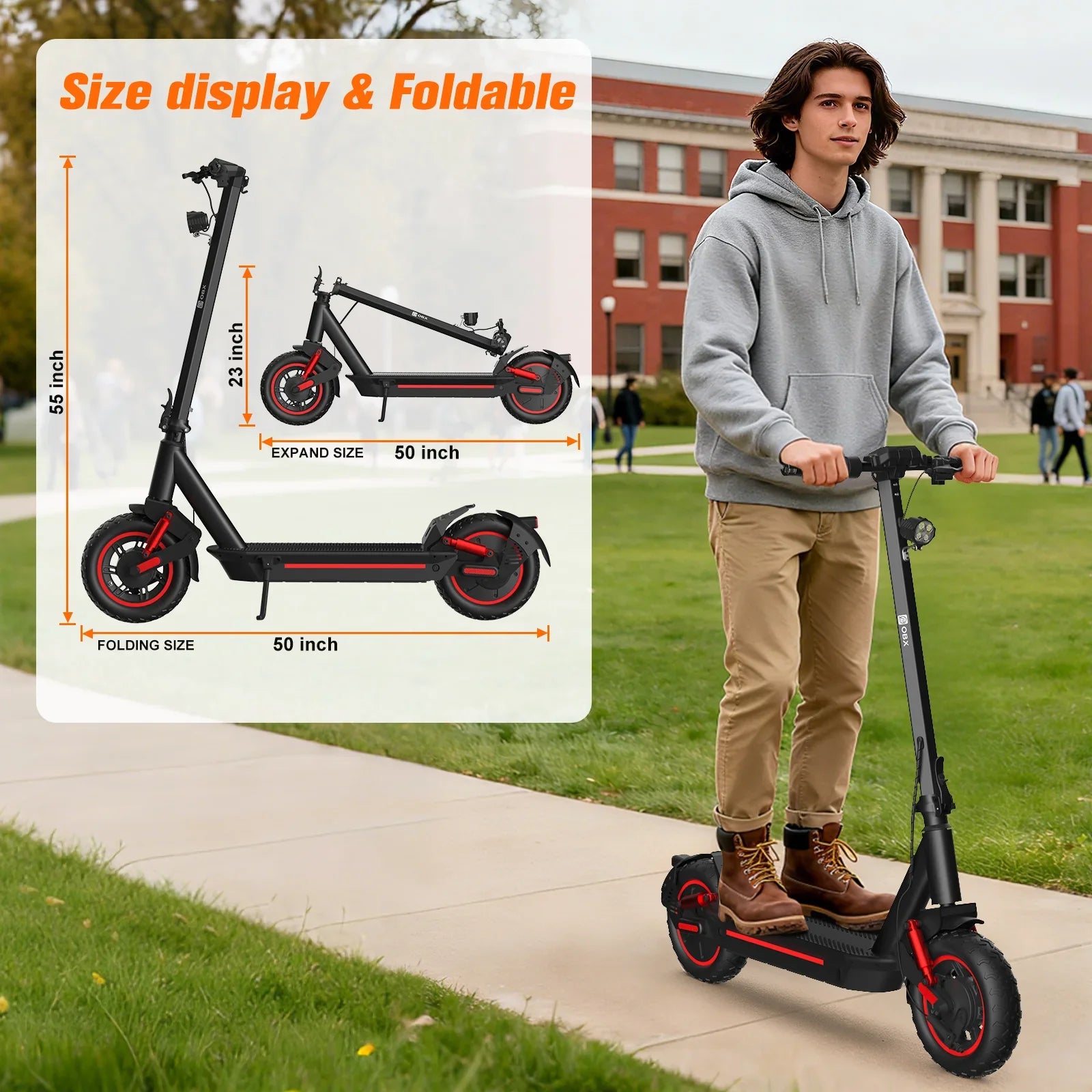Electric Foldable Scooter 30 MPH Fastest Dual Motor for Adult Scooter 1200W Peak 33Mile Long Range 10" Off-Road Tires 48V 13ah