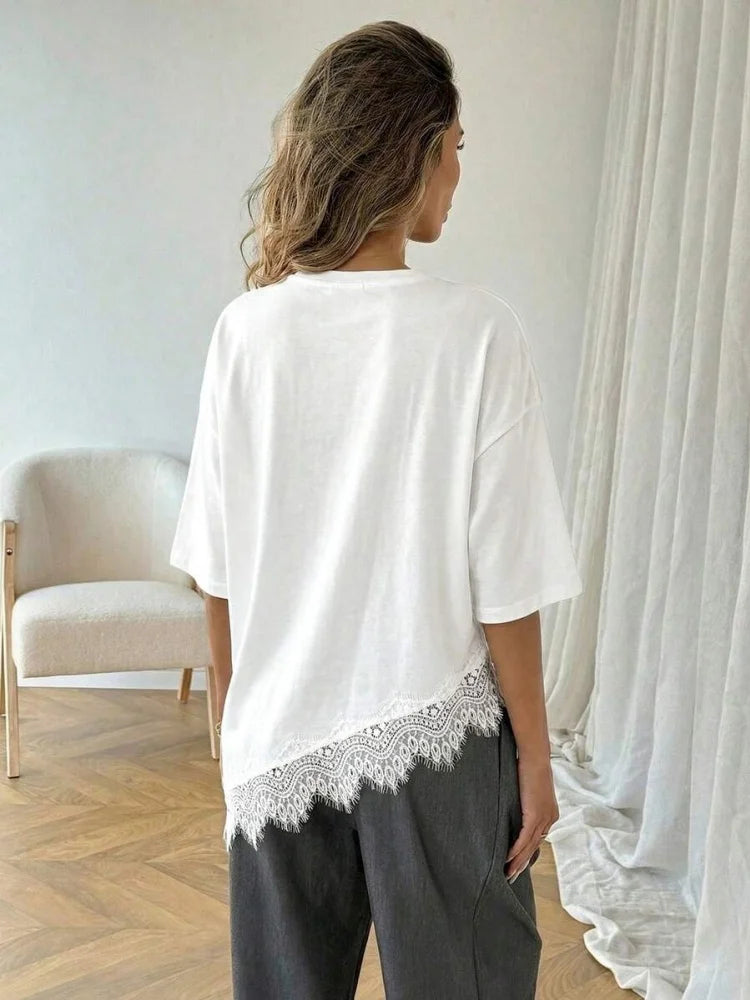 Women Round Neck Lace Solid Color Short Sleeve Asymmetrical Hem T-shirt Summer Leisure Elegant Fashion Loose Oversize Tee Top
