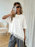 Women Round Neck Lace Solid Color Short Sleeve Asymmetrical Hem T-shirt Summer Leisure Elegant Fashion Loose Oversize Tee Top