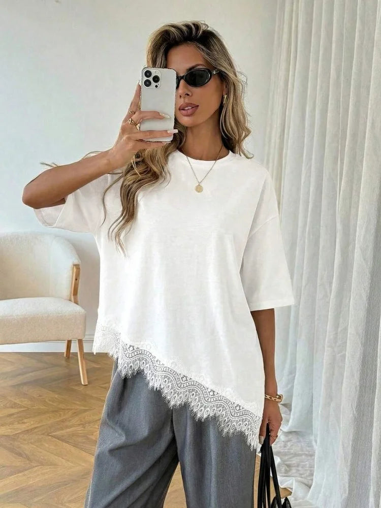 Women Round Neck Lace Solid Color Short Sleeve Asymmetrical Hem T-shirt Summer Leisure Elegant Fashion Loose Oversize Tee Top