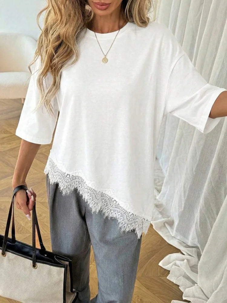 Women Round Neck Lace Solid Color Short Sleeve Asymmetrical Hem T-shirt Summer Leisure Elegant Fashion Loose Oversize Tee Top