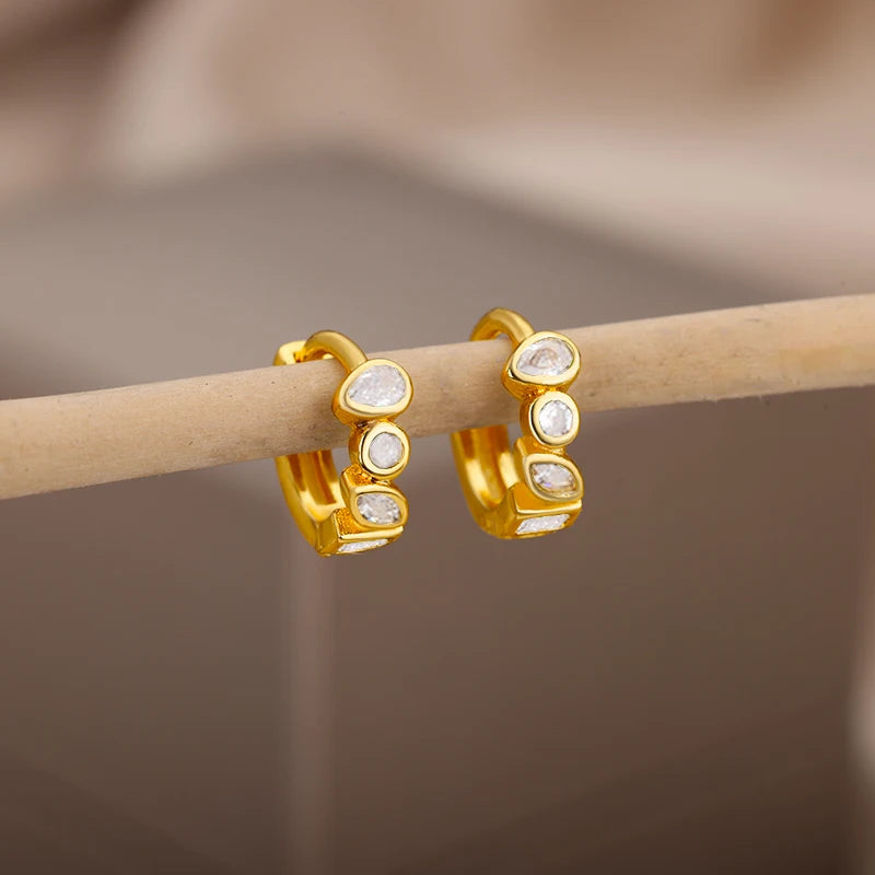 Mini Small Green Zircon Waterdrop Hoop Earrings for Women Gold Plated Stainless Steel Earrings Aesthetic Jewelry Wedding Gift