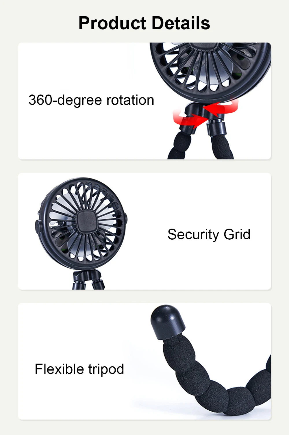 Portable Clip Fan Mini Stroller Fan USB Rechargeable Baby Stroller Octopus Fan 360° Rotate Outdoor Tripod Fan Small Clip Fan