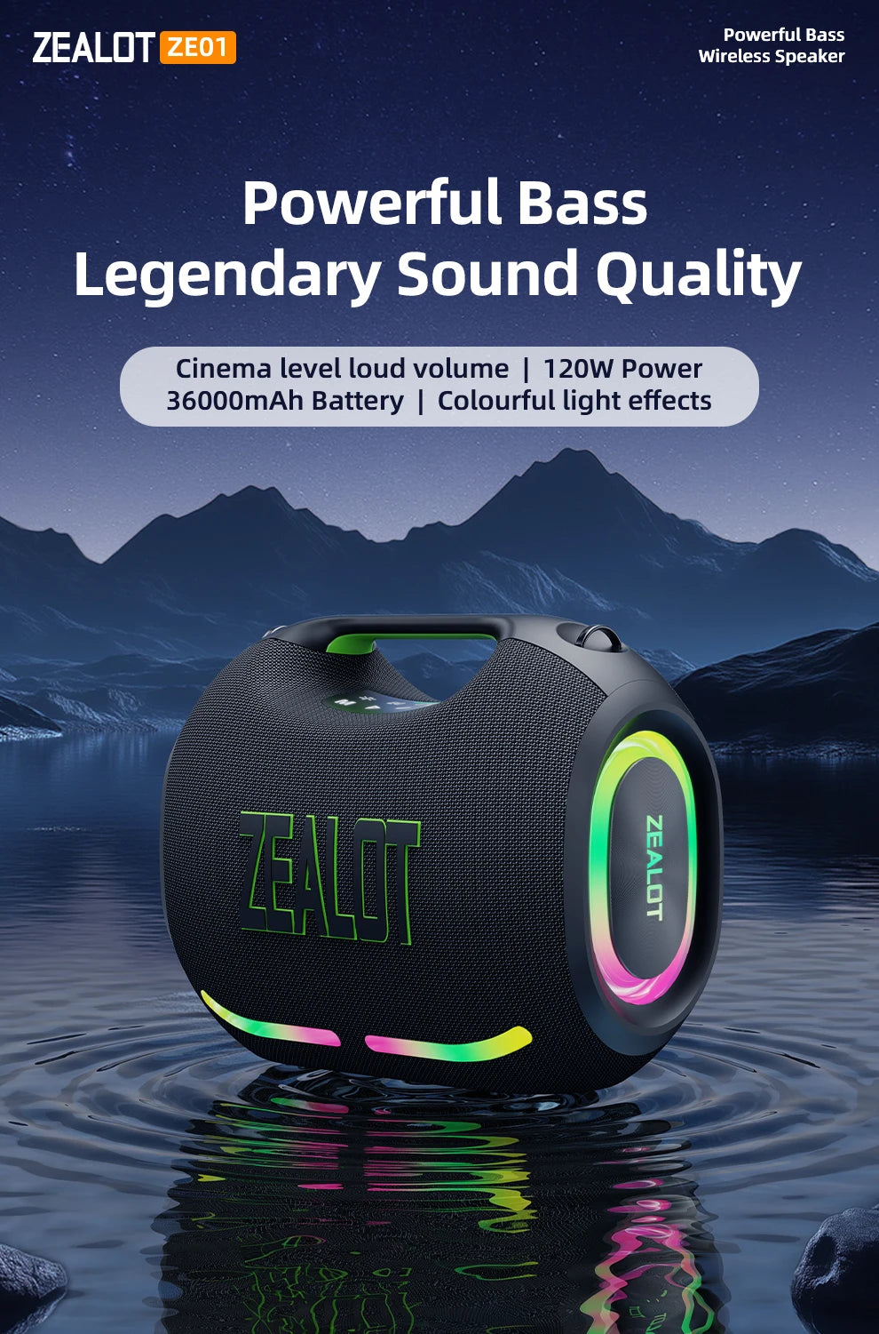 Zealot-ZE01 120W Big Power Portable Bluetooth Speaker Wireless TWS Subwoofer Bluetooth Speaker Waterproof Mobile HIFI Quality