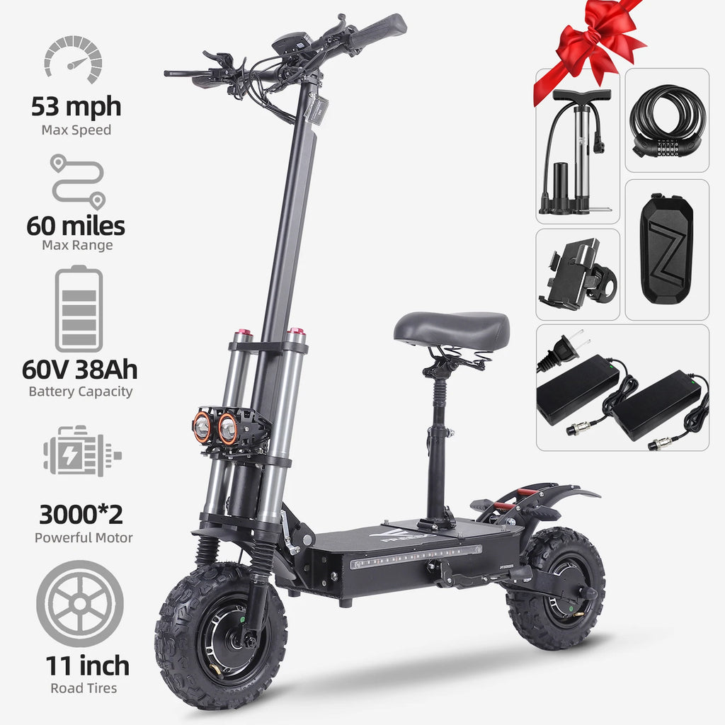 J30 MAX Electric Scooter Dual 3000W Motors 60V38Ah Battery 11" Off Road Tire 85KMH Top Speed 100KM Range 440lbs Load Disc Brakes