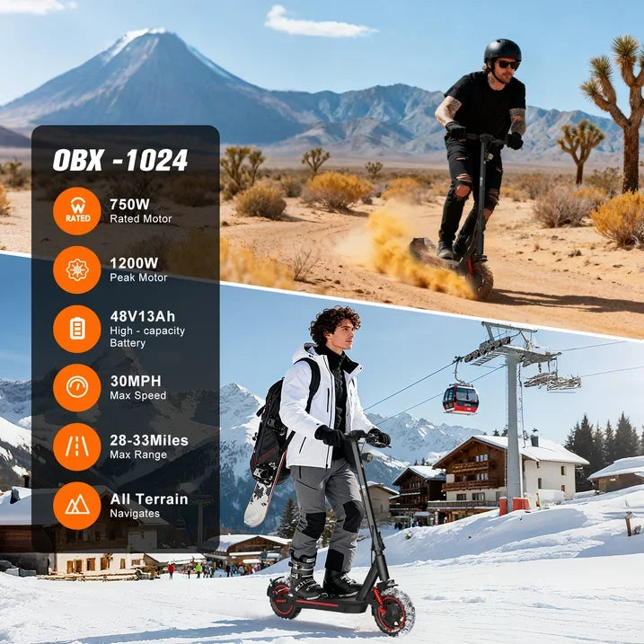 Electric Foldable Scooter 30 MPH Fastest Dual Motor for Adult Scooter 1200W Peak 33Mile Long Range 10" Off-Road Tires 48V 13ah