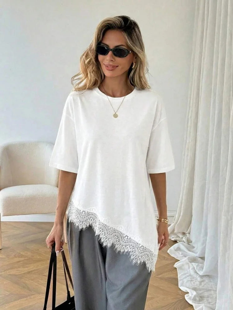 Women Round Neck Lace Solid Color Short Sleeve Asymmetrical Hem T-shirt Summer Leisure Elegant Fashion Loose Oversize Tee Top
