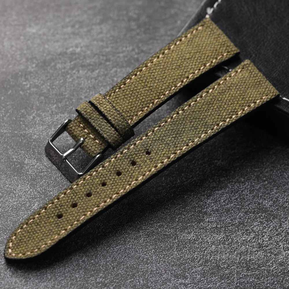 Handmade Canvas Lamination Leather Strap 18 19 20 21 22MM Black Green Vintage Men's Antique Watch Bracelet